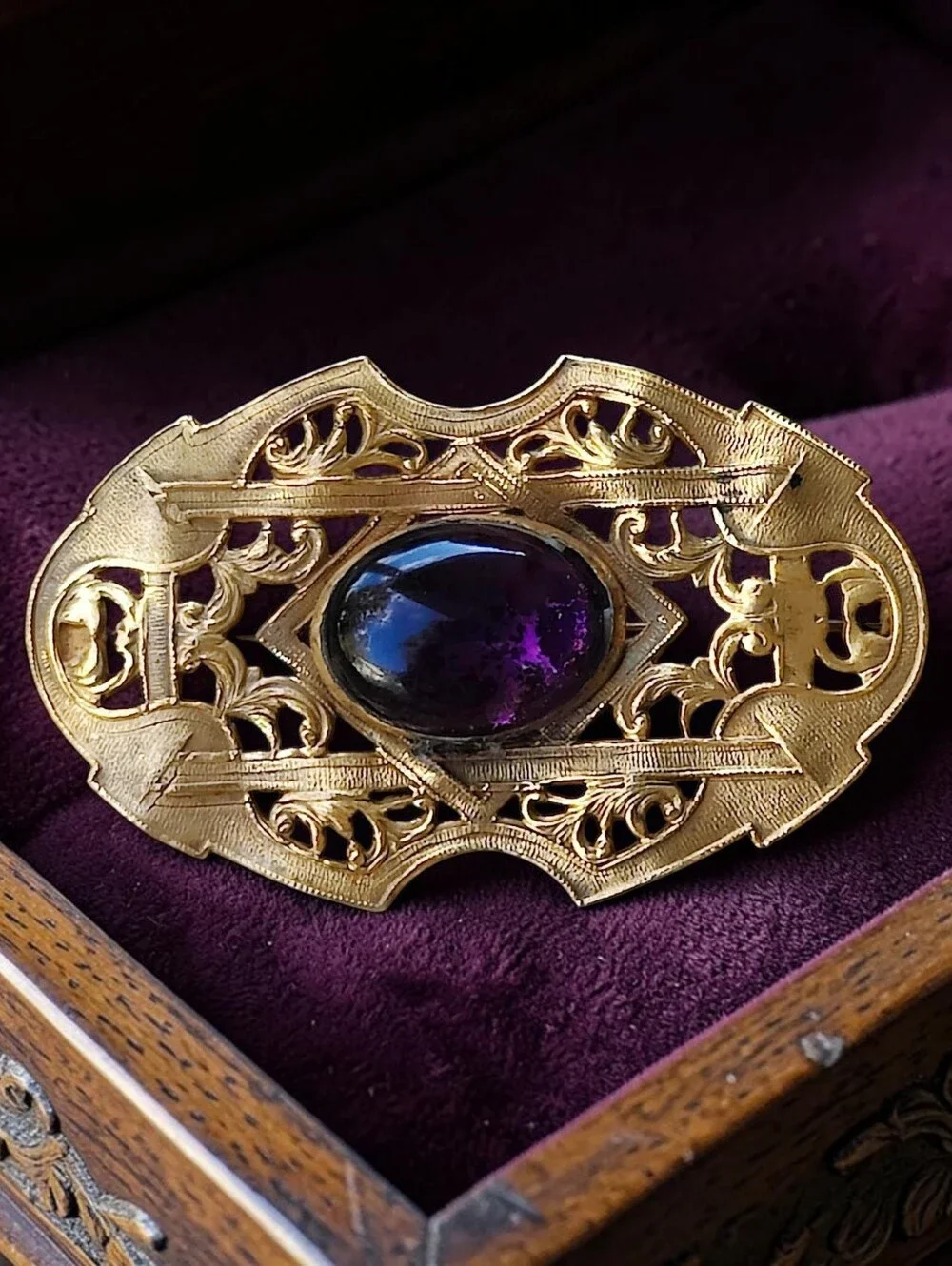 Antique Victorian Gold Gilt Sash Brooch With Amethyst